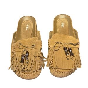 Zara Suede Fringe Moccasin Clogs with Bead Detail - Tan/Caramel - Size 38
